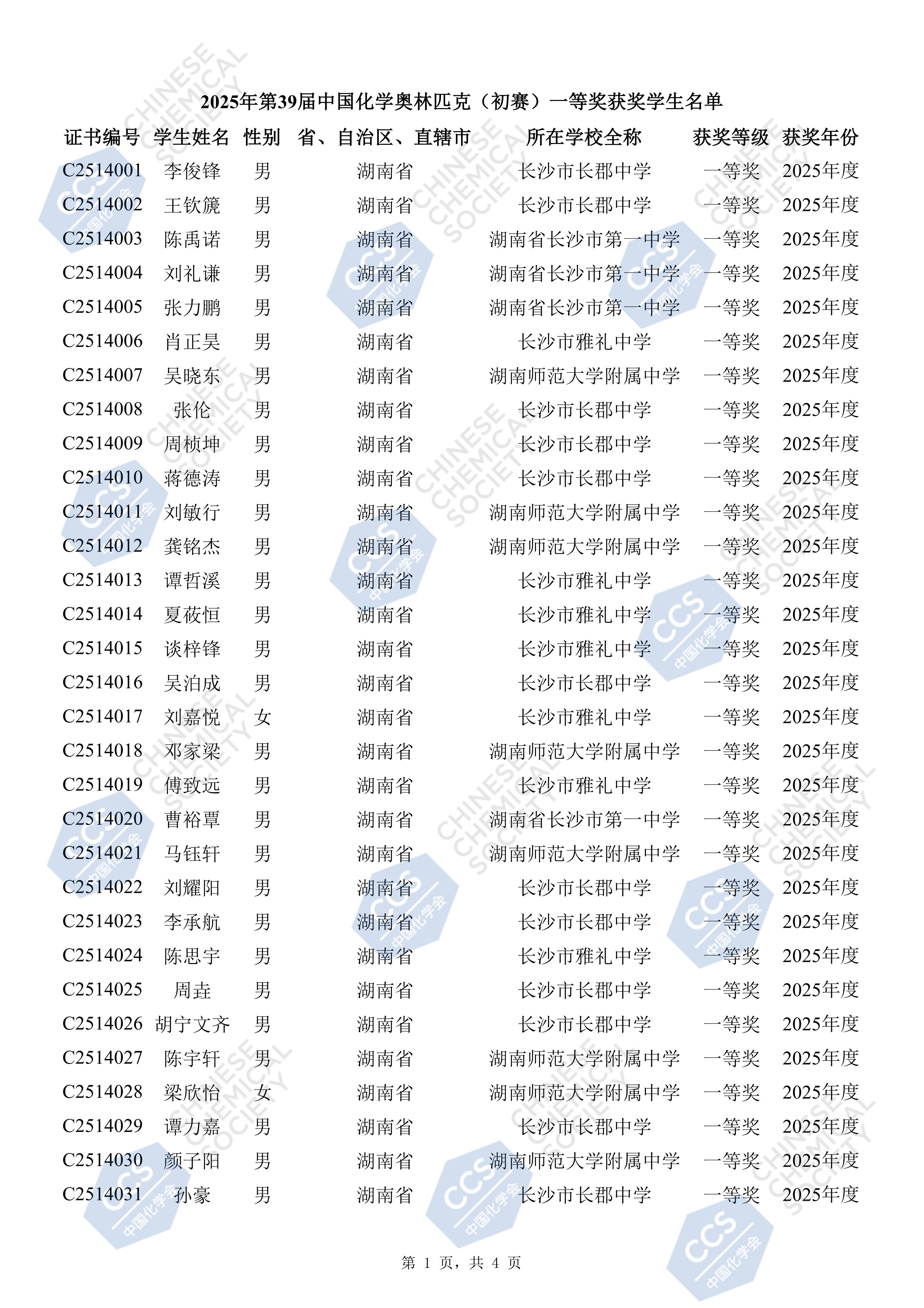 湖南省2025年全国中学生化学竞赛初赛省一获奖名单